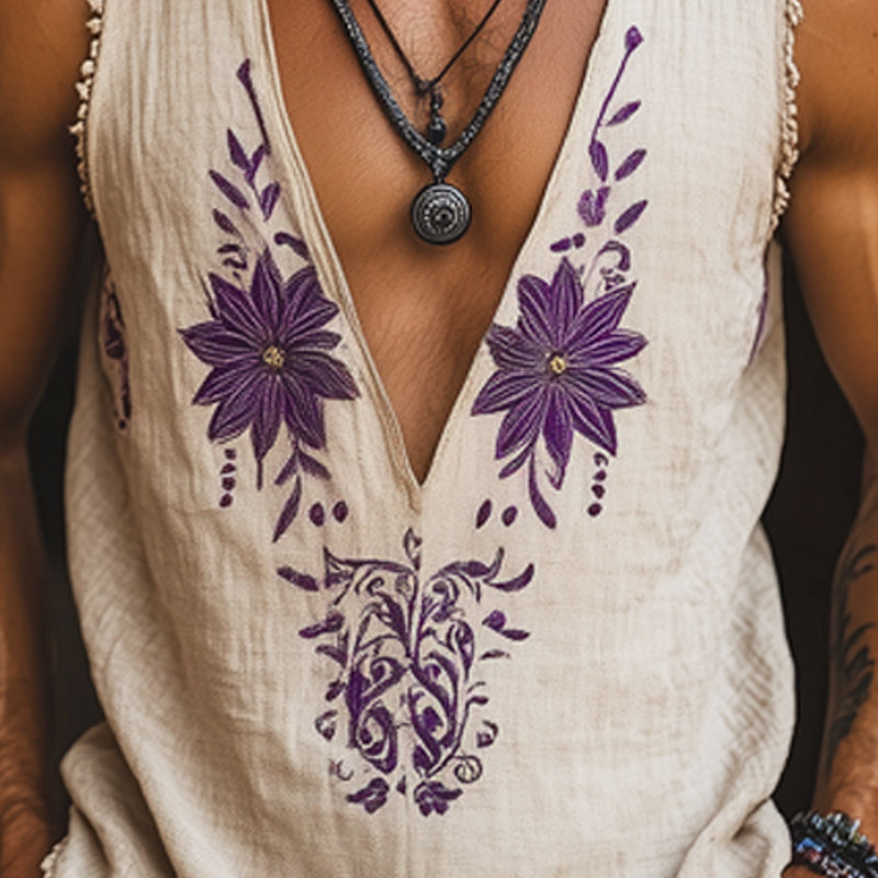 Men's Summer Deep V-Neck Retro Purple Embroidered Cotton And Linen Tank Top MTA1529E9U