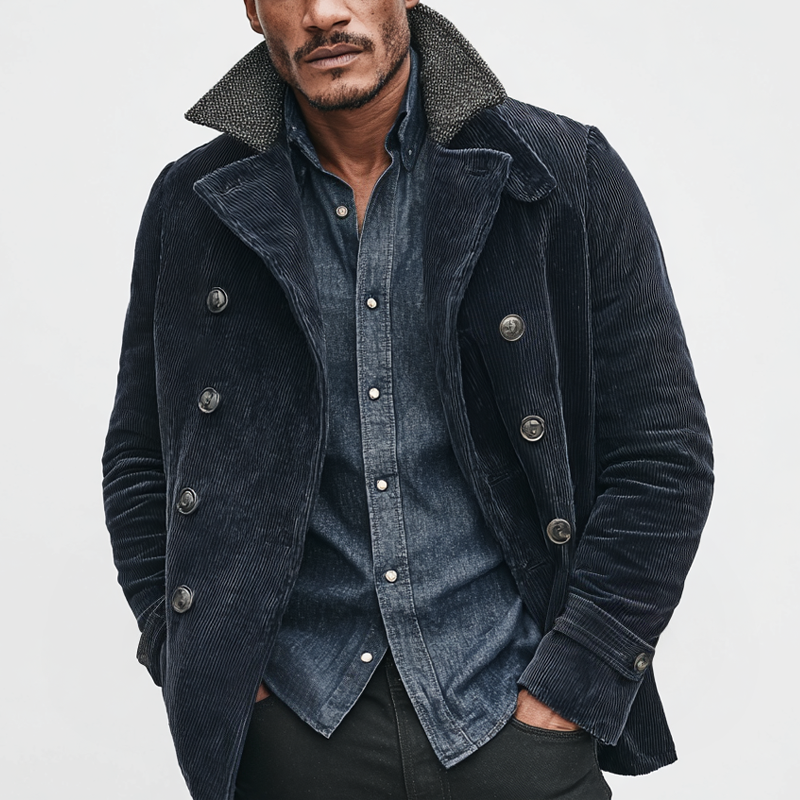 Men's Solid Corduroy Lapel Double Breasted Casual Jacket MTA1668I8Z