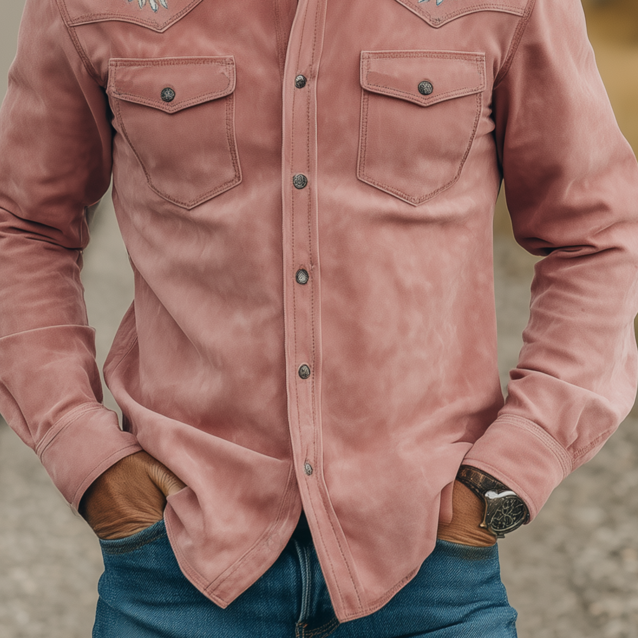 Men's Classic Retro Western Style Embroidered Pink Suede Slim-fit Long-sleeved Shirt MTA1476H5K