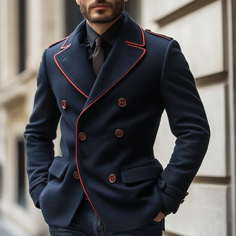Men's Winter Fashion Color-Blocked Double-Breasted Faux Wool Jacket MTA1725K9P