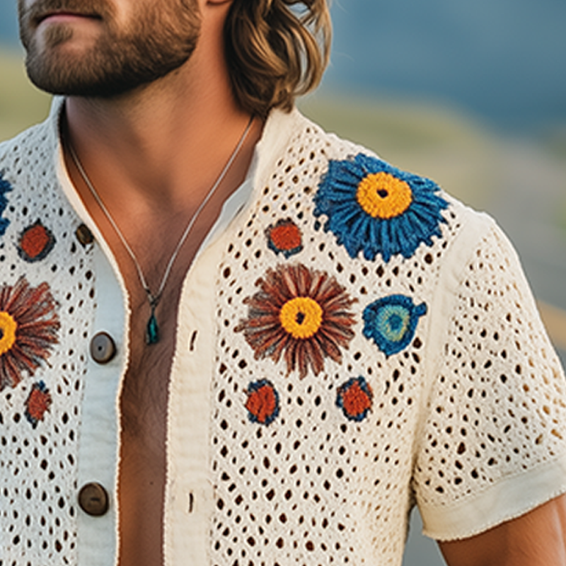 Men's Summer Fashion Casual Hollow Crochet Flower Stand Collar Knitted Short-sleeved Shirt MTA2798F1K