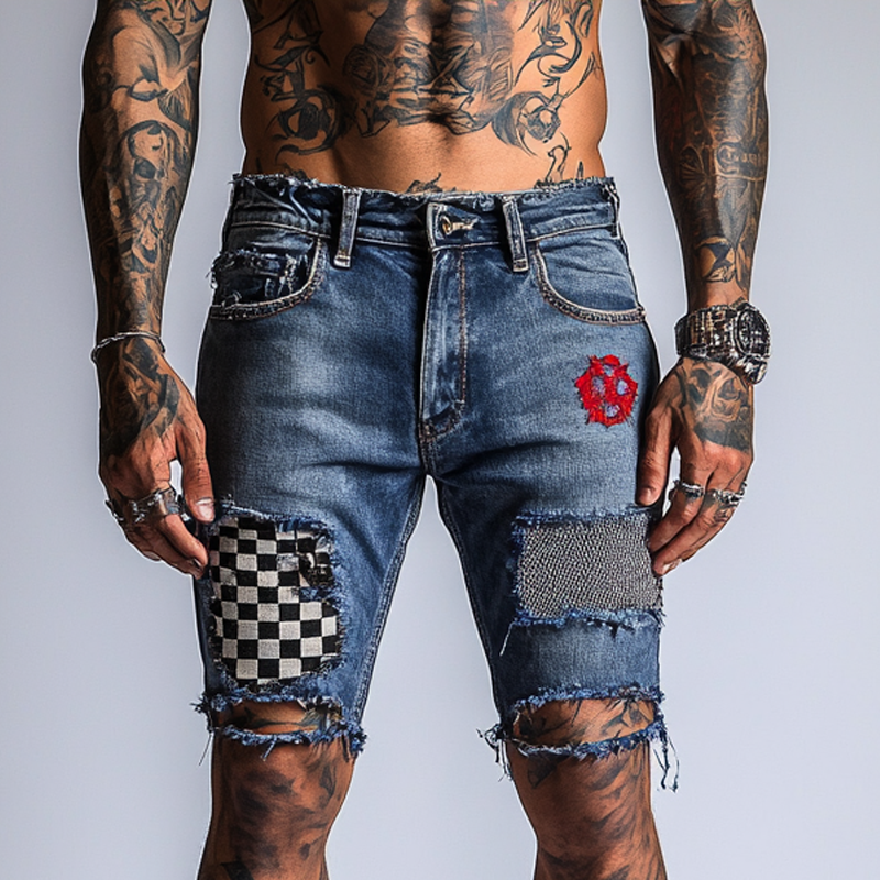 Men's Plaid Stitching Embroidered Washed Denim Shorts MTA1725F2X