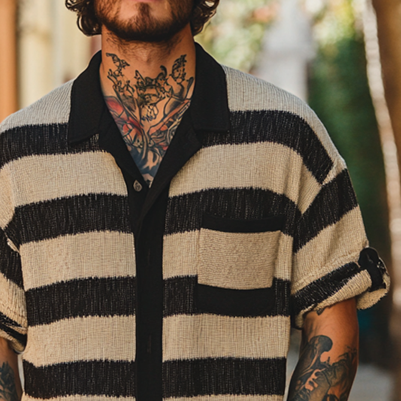 Men's Striped Knitted Three-Quarter Sleeve Shirt MTA2025F7X