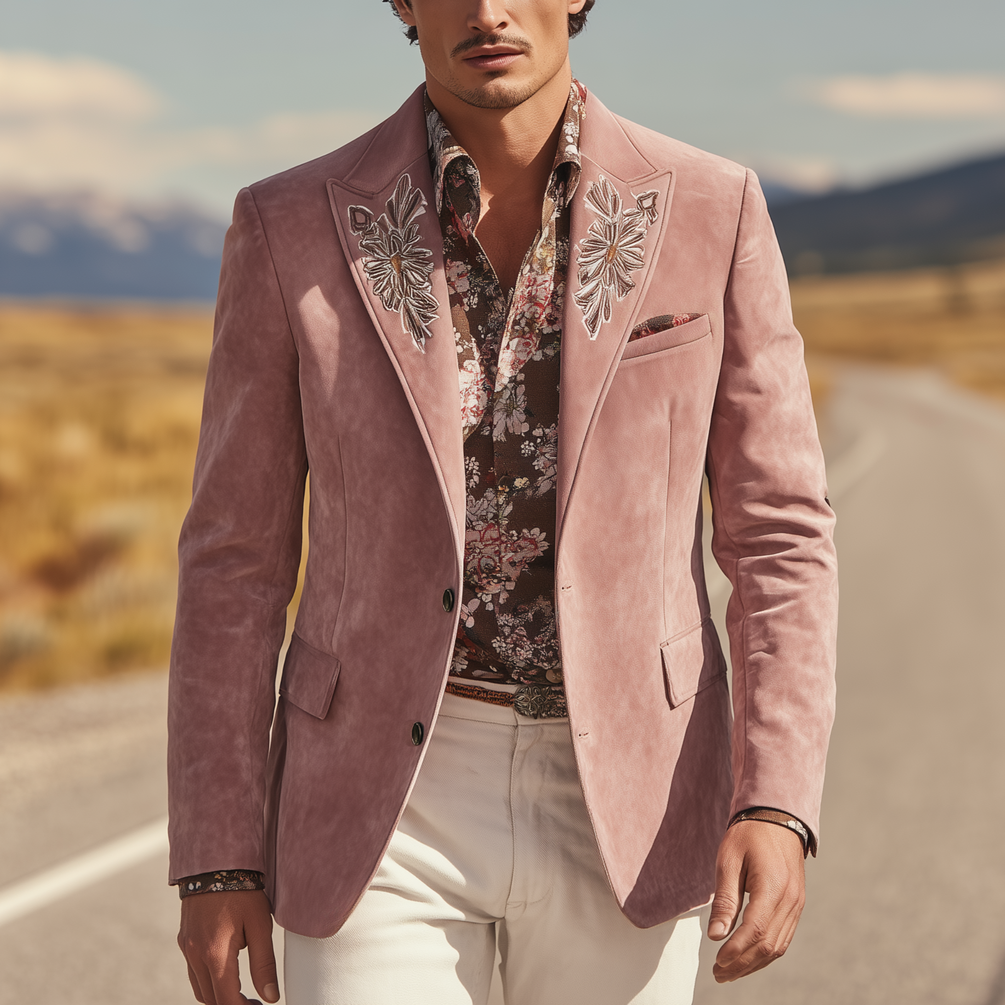 Men's Classic American Retro Western Style Embroidered Pink Suede Single-breasted Blazer MTA1873H0K