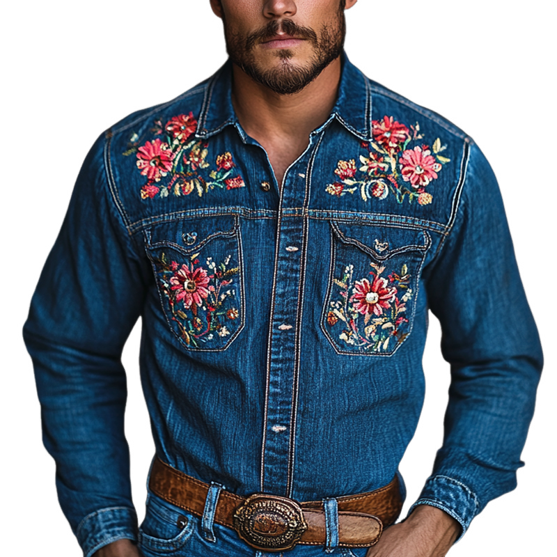 Men's Western Cowboy Style Embroidered Lapel Chest Pocket Long Sleeve Denim Shirt 60931992Z