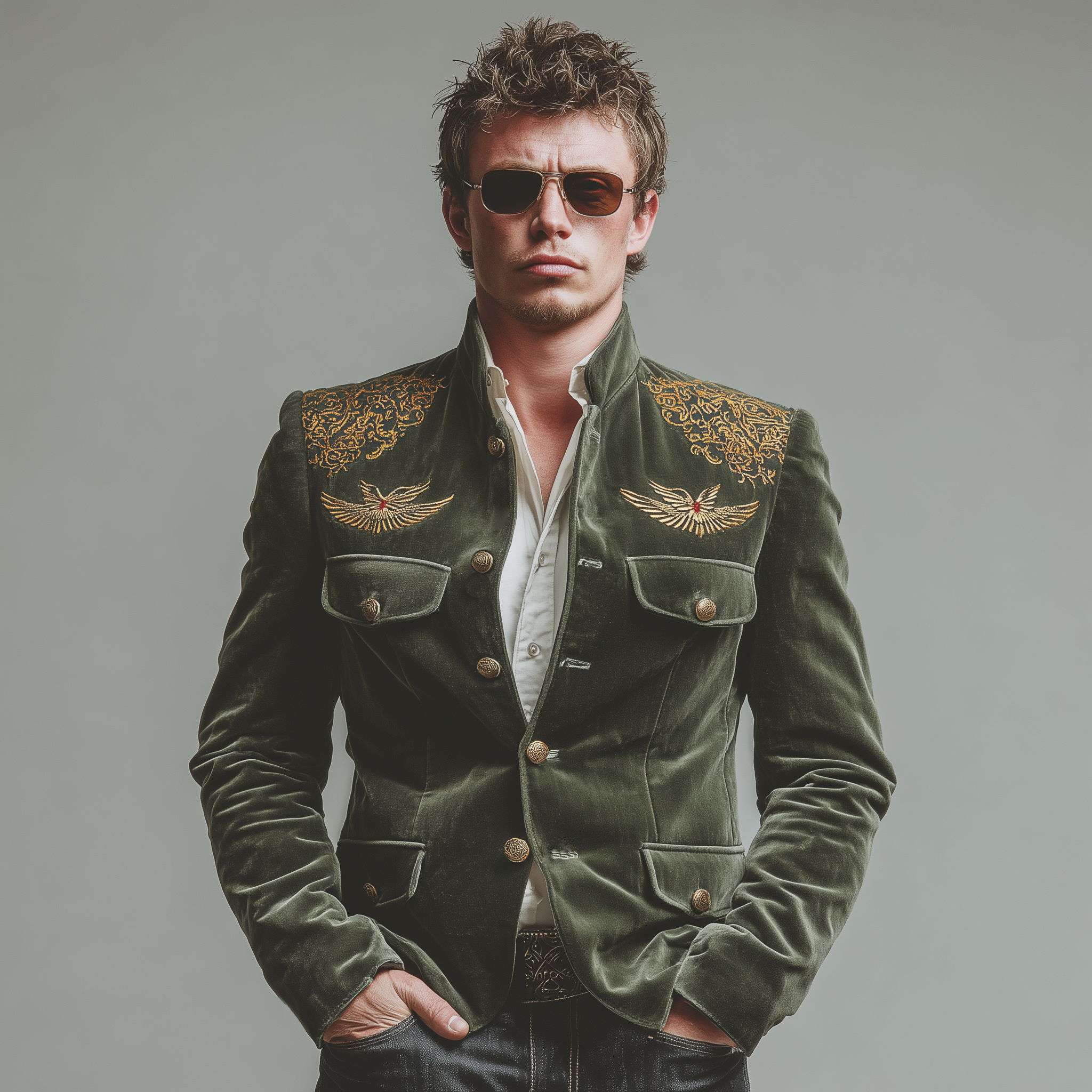 Men's Classic Retro Embroidered Faux Velvet Stand Collar Jacket MTA0417L7K