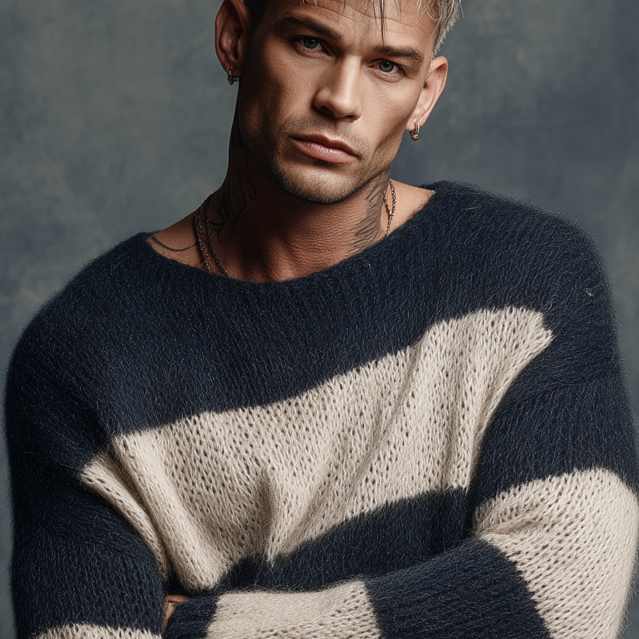Men's Classic Casual Round Neck Contrast Color Horizontal Striped Long Sleeve Sweater MTA0885I8K