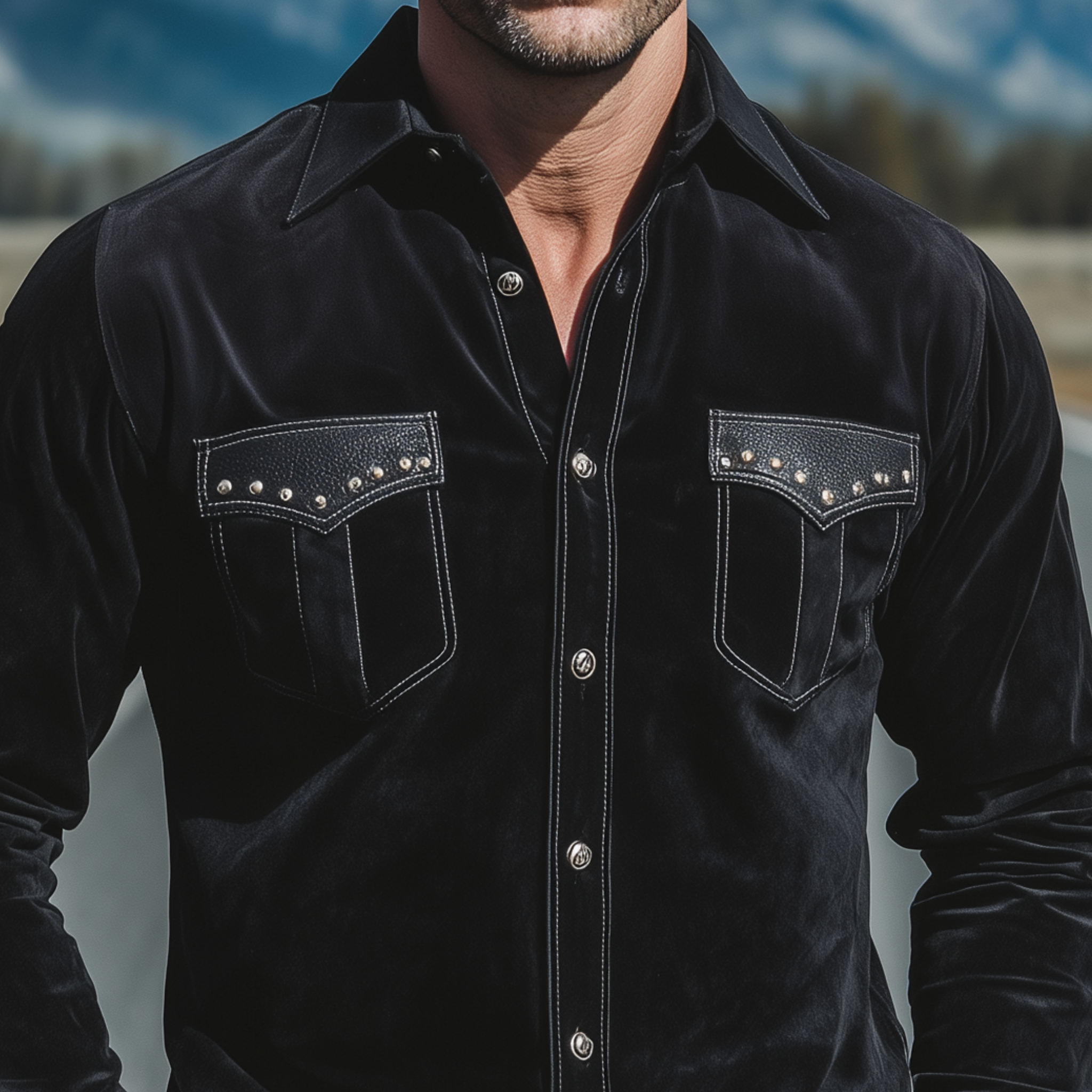 Men's Classic Casual Pocket Flap Stitching PU Leather And Decorative Metal Rivets Slim Fit Suede Long Sleeve Shirt MTA0692H5K