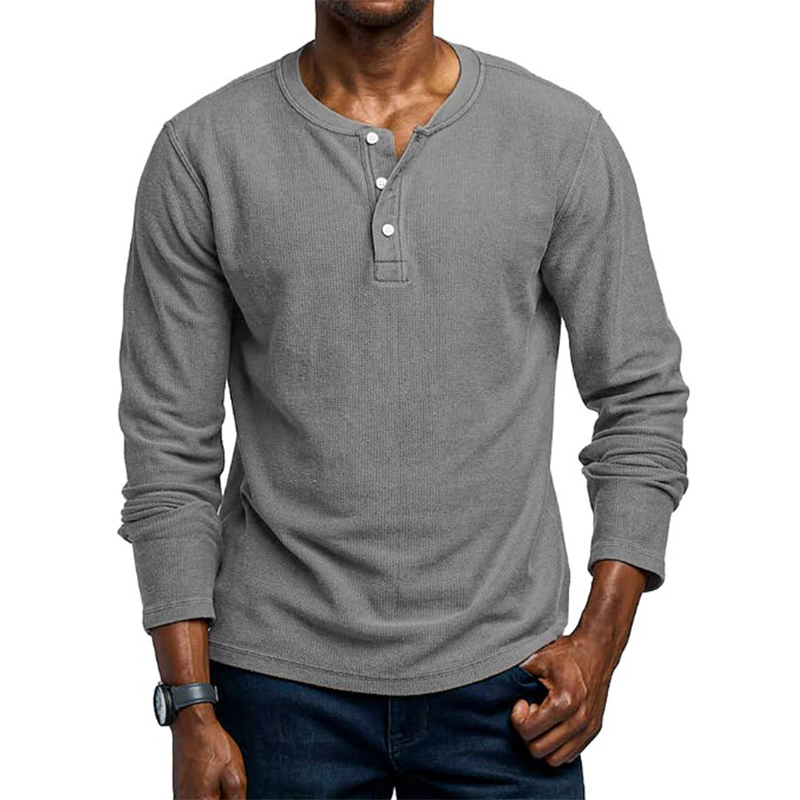 Men's Knitted Elastic Cotton And Linen Long-Sleeved Henley Shirt MTA3007G5P
