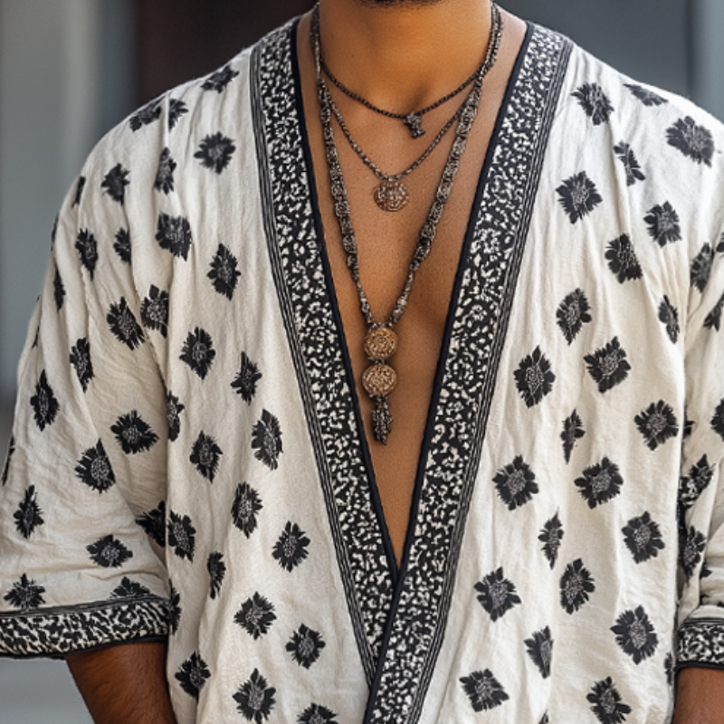 Men's Retro Casual Ethnic Print Collarless Elbow-Length Sleeve Shirt MTZ1195B3TO
