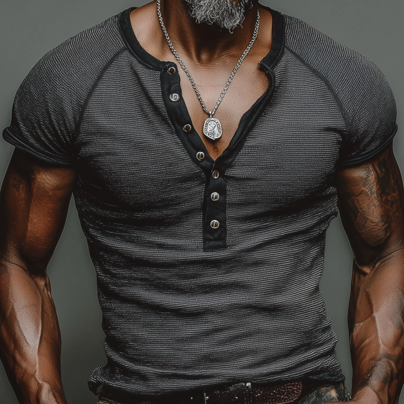 Men's Casual Cotton Striped Colorblock Trim Henley Collar Slim Fit Short Sleeve T-Shirt MTA2288G9M
