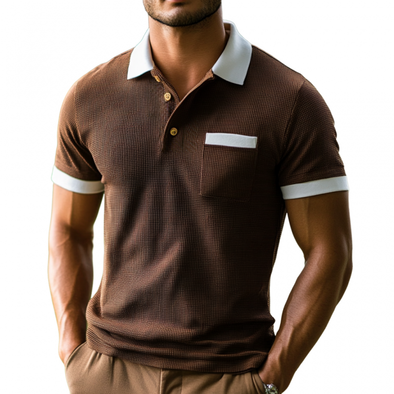 Men's Casual Cotton Blend Waffle Colorblock Lapel Slim Fit Short Sleeve Polo Shirt MTA0814E4M