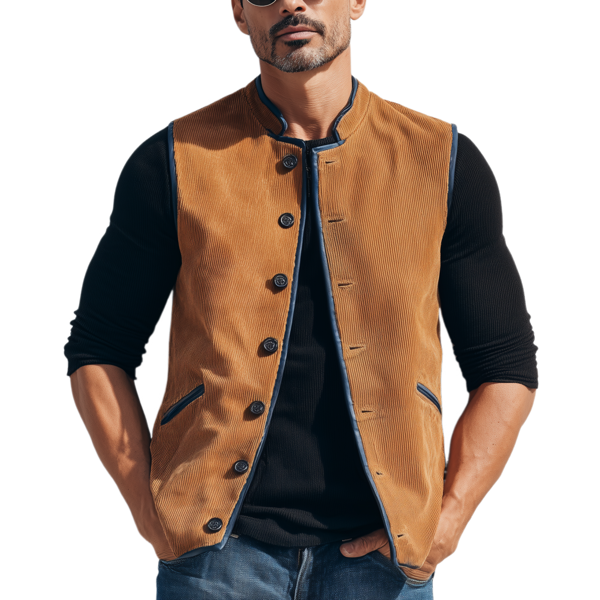Men's Classic Retro Stand-up Collar Contrasting Color Binding Corduroy Vest MTA3174G4K