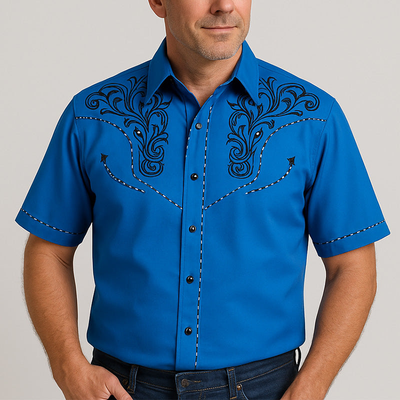 Herreskjorte med brodert bomull, kortermet, casual, sommerstil, western cowboy-stil, MTA2048E1P