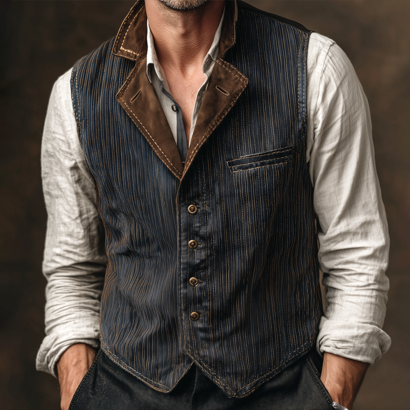 Men's Striped Denim Splicing Faux Suede Lapel Single Breasted Vintage Vest MTA2160H3Z