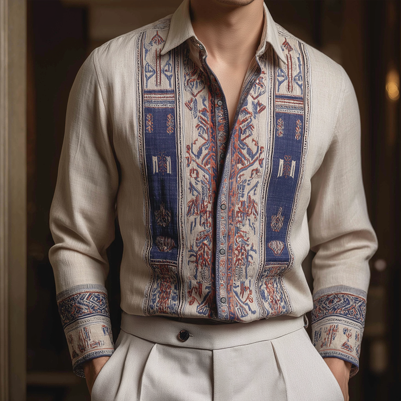 Men's Retro Casual Ethnic Style Geometric Print Lapel Long Sleeve Shirt MTA3170G4TO