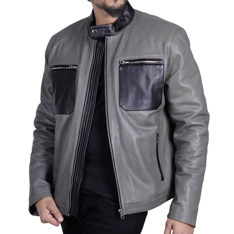 Men's Casual Multi-Pocket Stand Collar Zipper Leather Jacket 30773656F