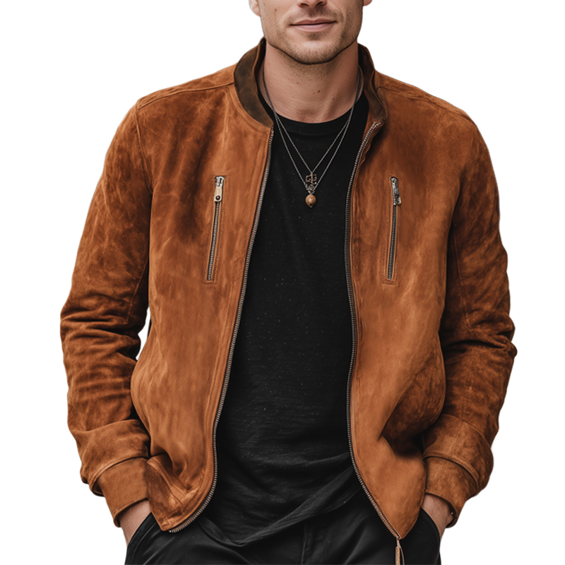 Men's Classic Suede Colorblock Collar Zip-Up Jacket MTA2848I8U
