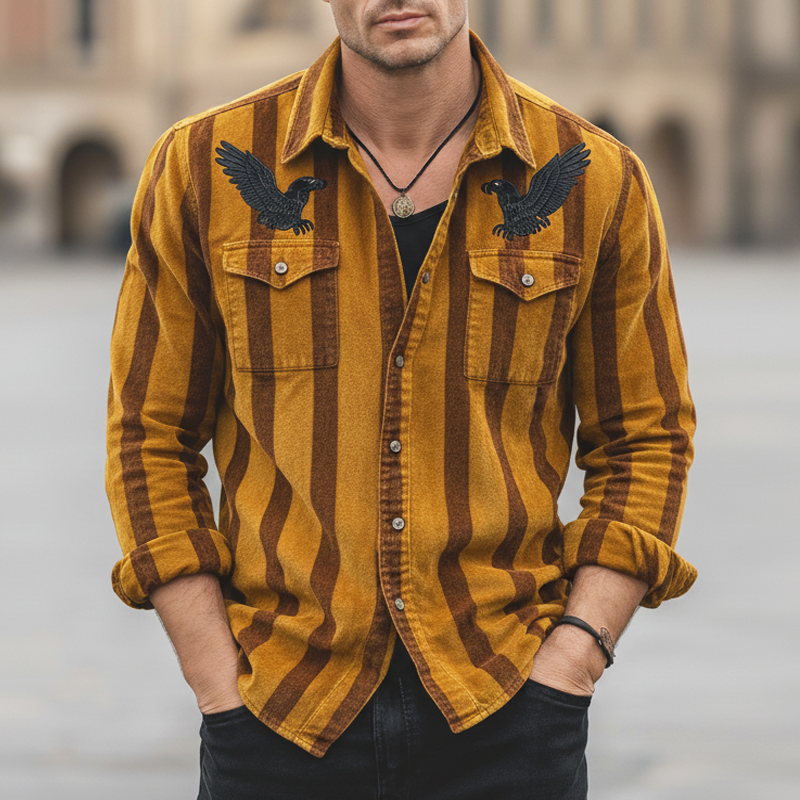 Men's Classic Striped Eagle Embroidered Casual Long-sleeved Shirt MTZ0552A4U