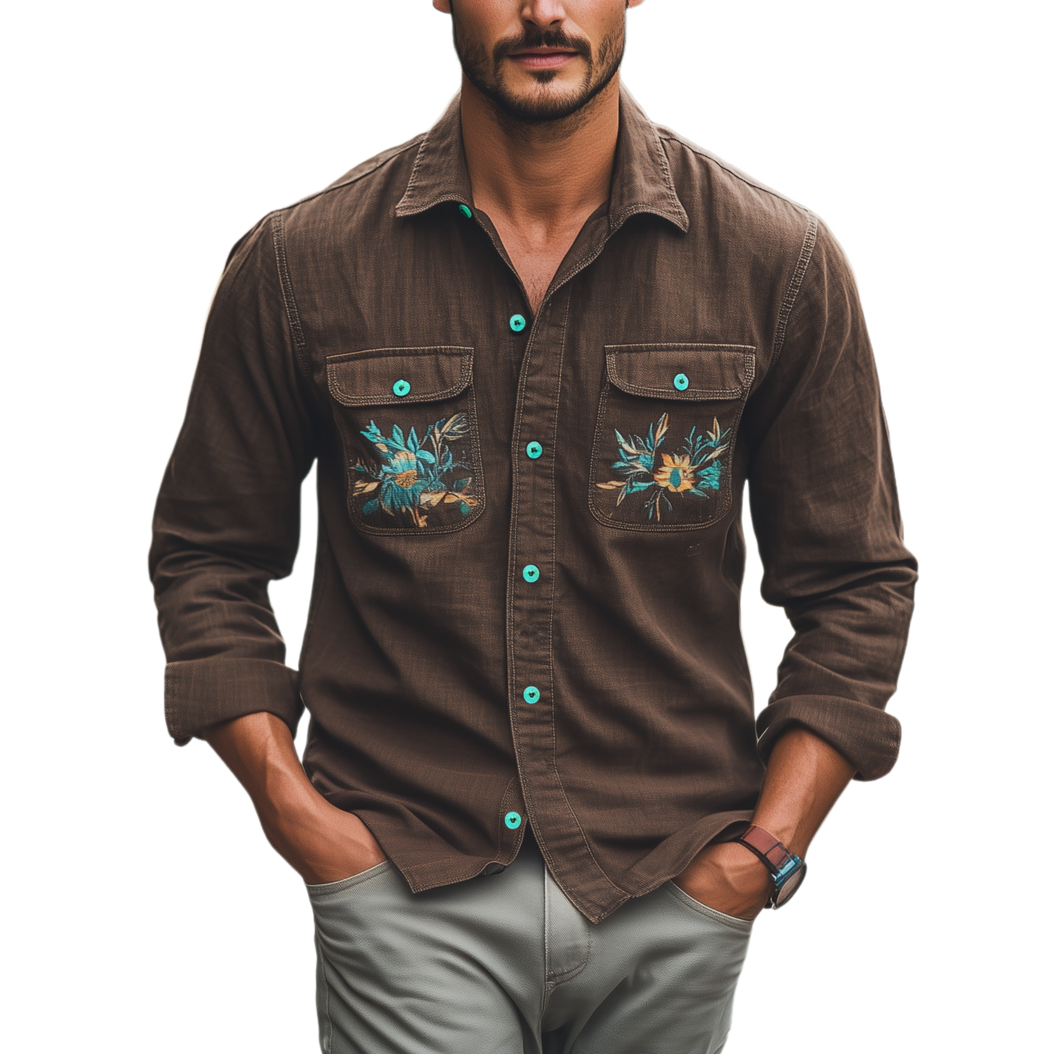 Men's Classic Casual Lapel Cotton And Linen Blend Pocket Embroidery Long Sleeve Shirt MTA2227G2K