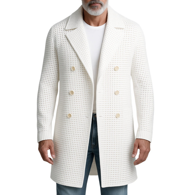 Men's Openwork Knit Notch Lapel Double Breasted Mid-length Casual Coat MTA1390H5Z