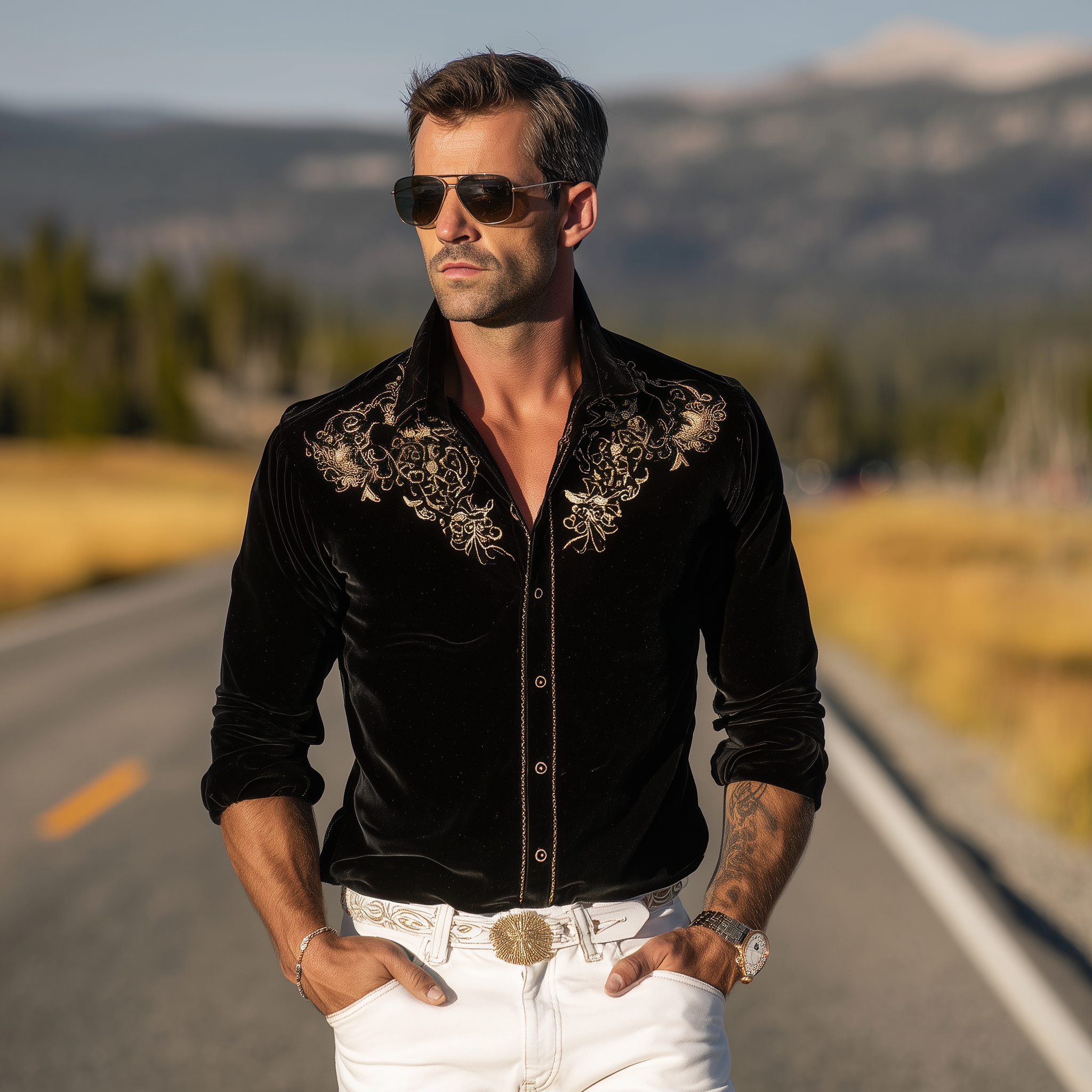 Men's Classic Retro Western Style Velvet Embroidered Slim-fit Long-sleeved Shirt MTA1525H4K