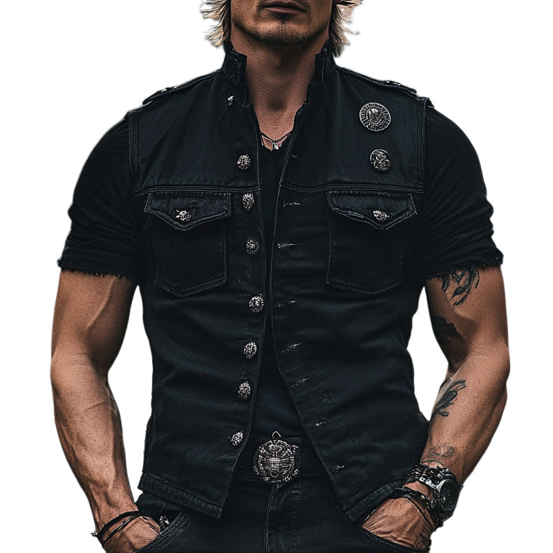 Men's Vintage Stand Collar Single Breasted Denim Vest MTA2371E9X