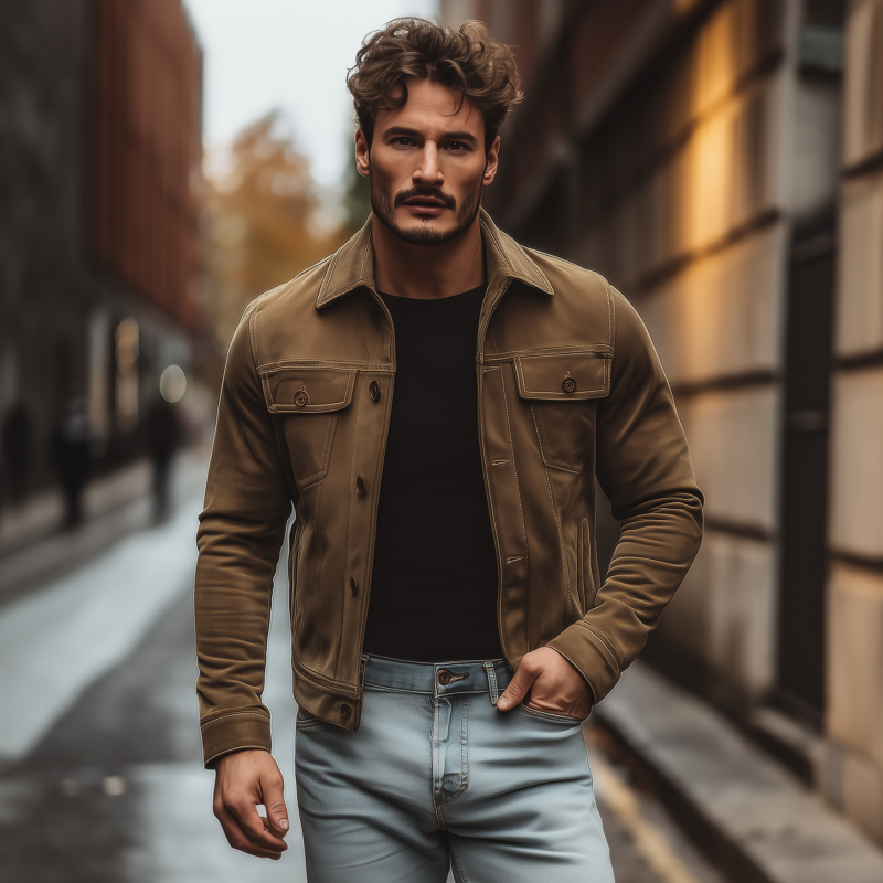 Men's Vintage Solid Color Faux Suede Lapel Single-Breasted Slim Fit Short Jacket MTA0874H3M