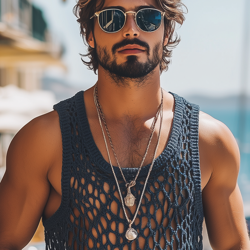 Men's Summer Fashion Casual U-neck Knitted Crochet Hollow Tank Top MTA2608F9K