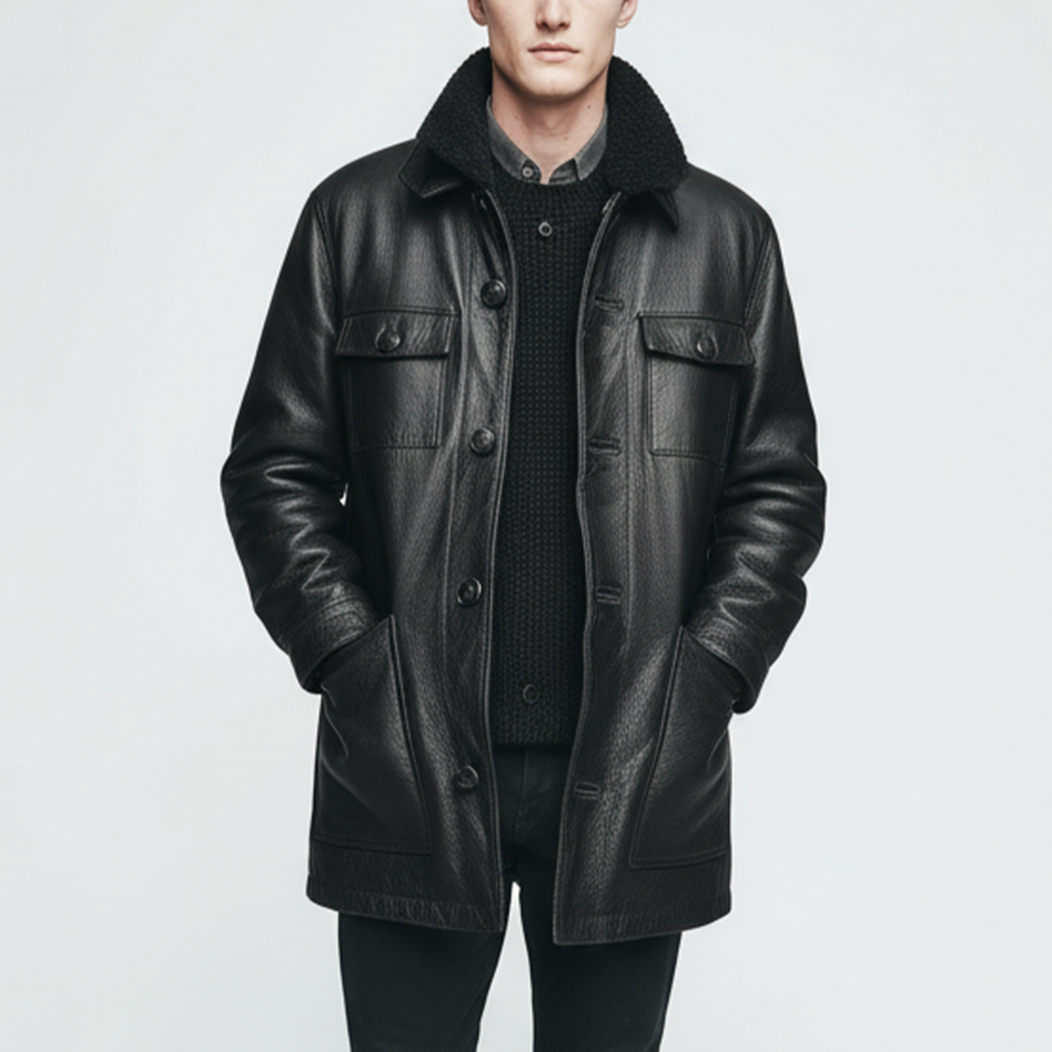 Men's Classic Vintage Polar Fleece Collar Multi-pocket PU Leather Jacket MTA1326I8K
