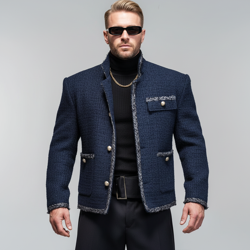 Men's Navy Blue Classic Chanel-Style Stand Collar Jacket MTA1067K3U