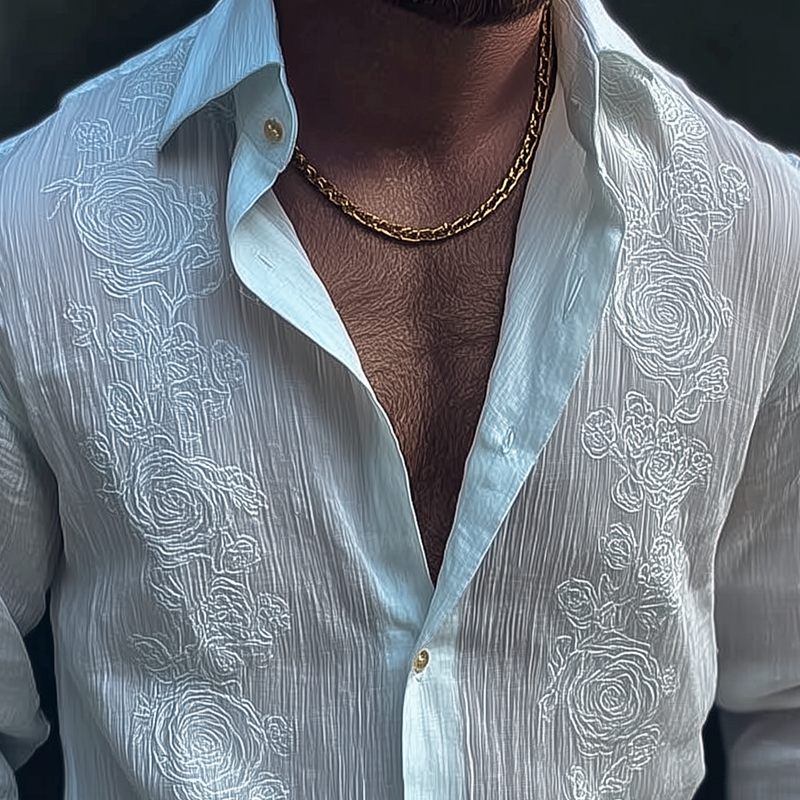 Men's Rose Embroidered Textured Fabric Lapel Long Sleeve Shirt MTA3197G8Z