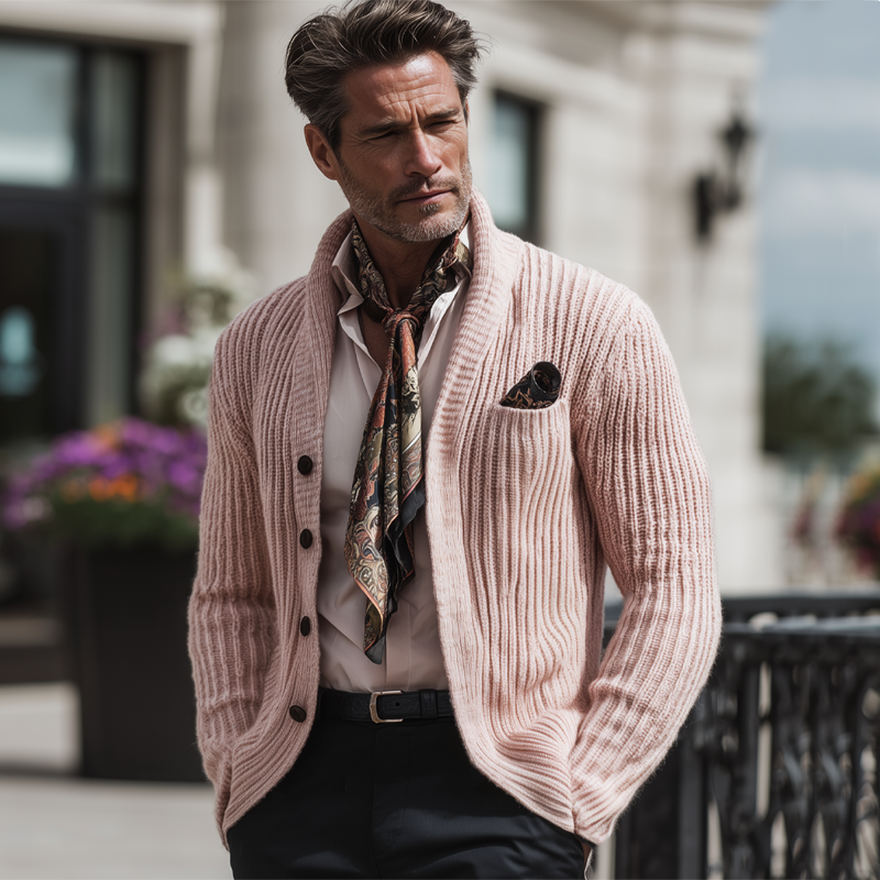 Men's Retro Light Pink Stand Collar Button Knit Cardigan MTA2331I3U