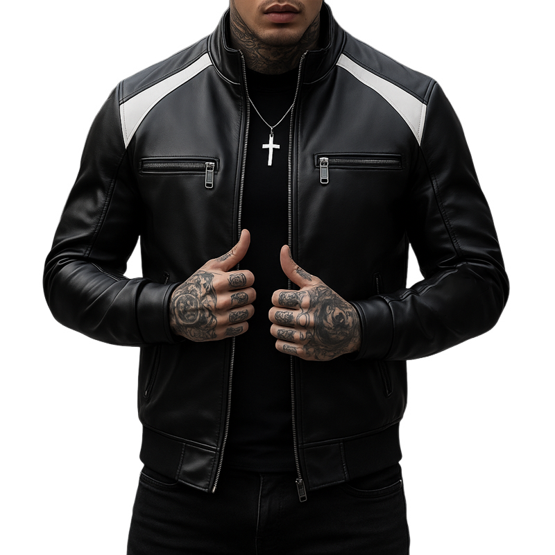 Men’s Fashion Colorblock PU Leather Stand Collar Zipper Bike Jacket MTA0489H1Z