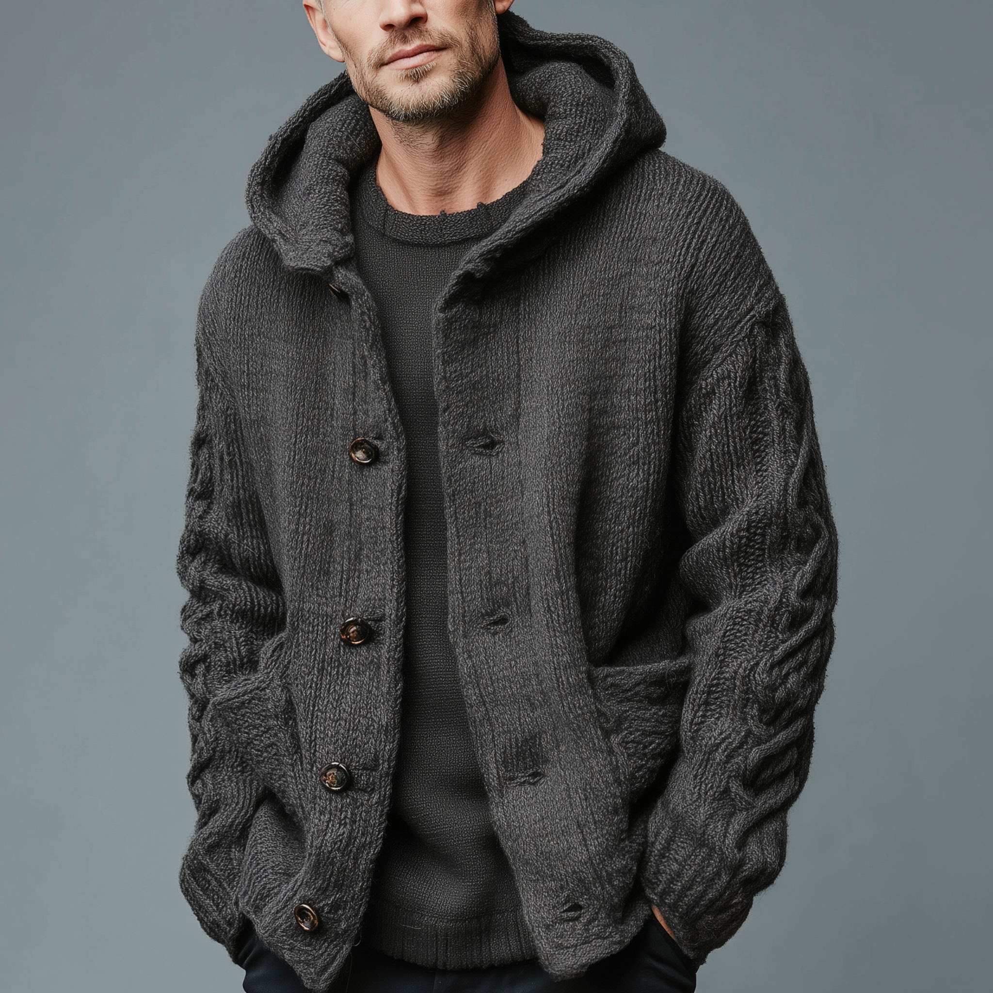 Men's Classic Casual Hooded Pocket Jacquard Knit Cardigan MTA2370I1K