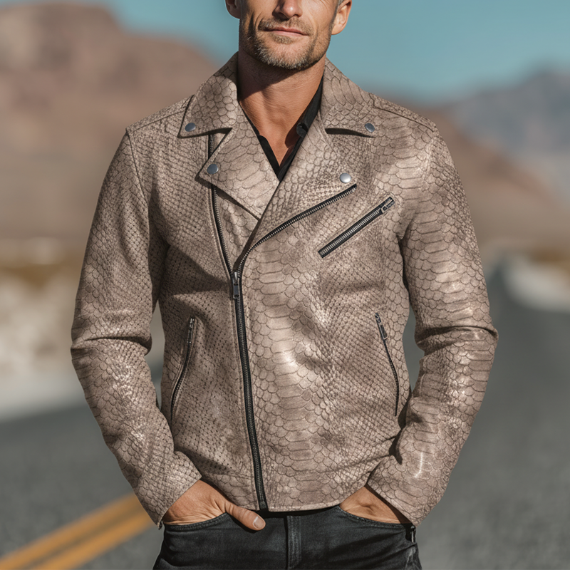 Men's Retro Satin 3D Snake Pattern PU Leather Zip-up Jacket MTA3075I9P