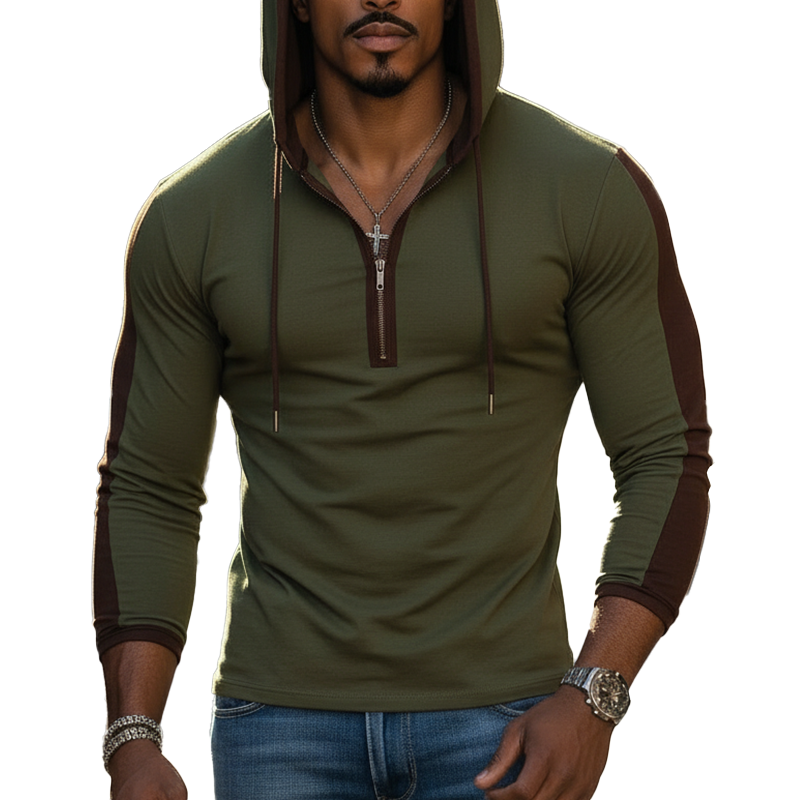 Men's Vintage Color-block Cotton Blend Hooded Half-zip T-shirt MTA2974L8P