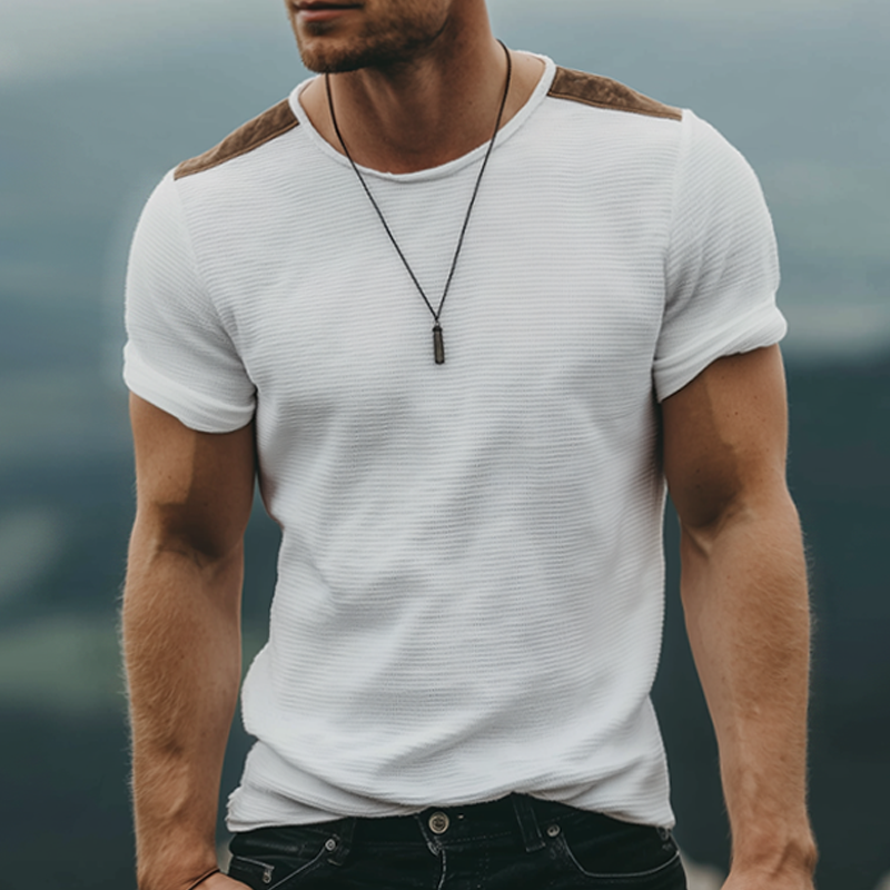 Men's Retro Casual Solid Color Waffle Stitching Suede Round Neck Short Sleeve T-Shirt MTA1082G2TO