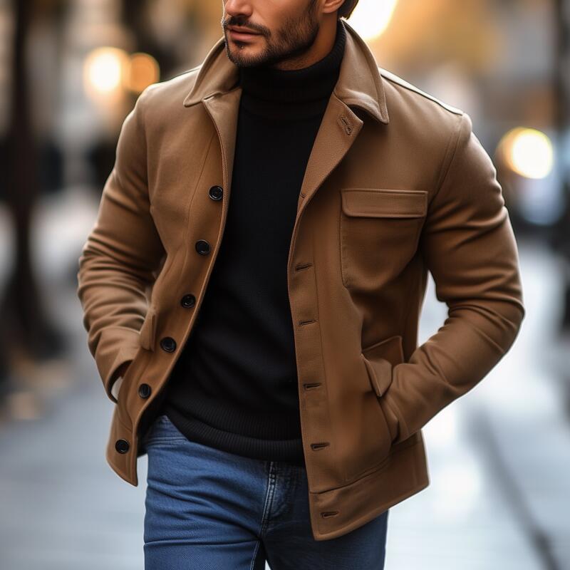 Men's Vintage Solid Color Wool Blend Lapel Single-Breasted Loose Work Jacket MTA3034H5M