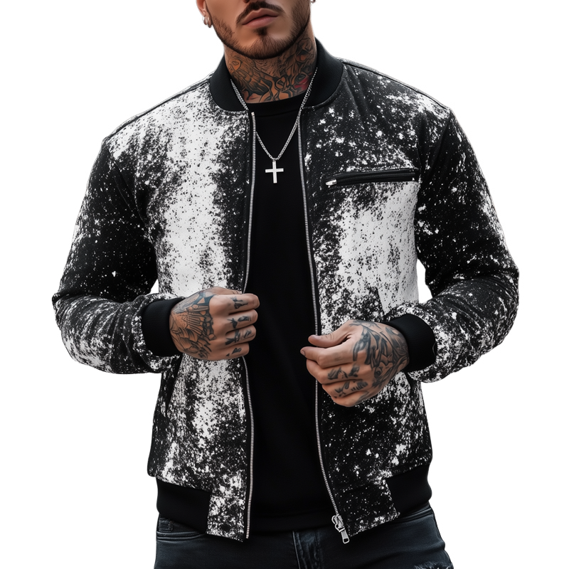 Men's Fashion Graffiti Print Stand Collar Chest Pocket Zipper Baseball Jacket MTA0145H8Z