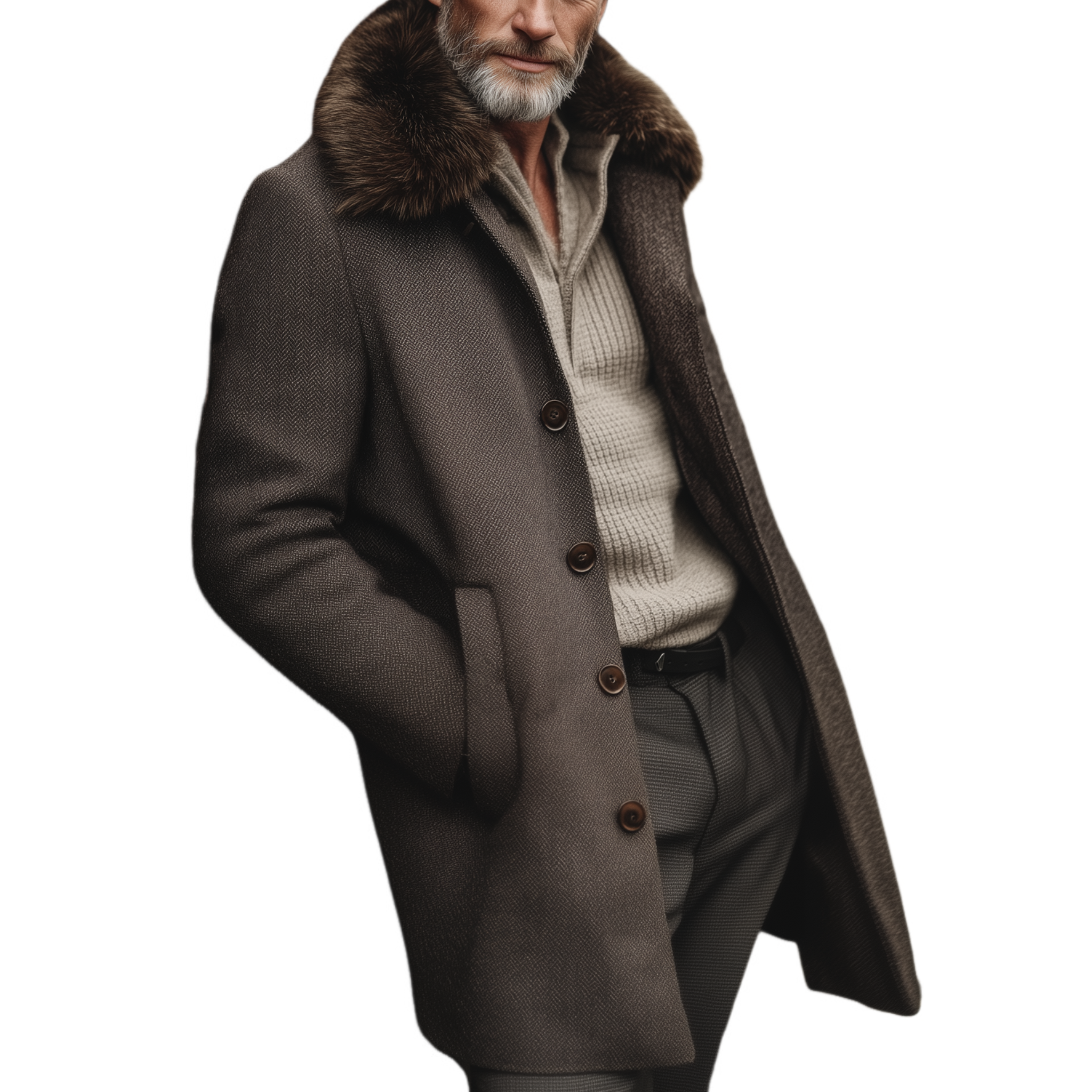 Men's Classic Vintage Faux Herringbone Thigh-Length Coat (Includes Removable Faux Fur Collar) MTA2522I1K