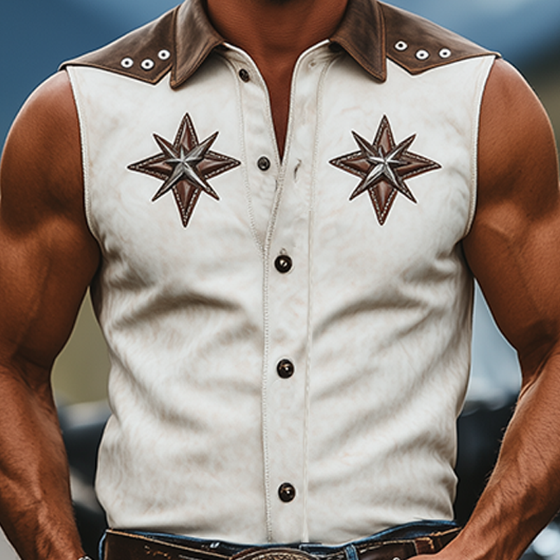 Men's Spring And Summer Fashion Retro American Western Tough Guy Style Thin Suede Stitching Lapel Decoration Hollow Rivet Sleeveless Shirt MTA1340F4K