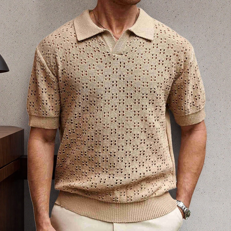 Men's Solid Color Knitted Texture Short Sleeve POLO Shirt MTA0631E0X