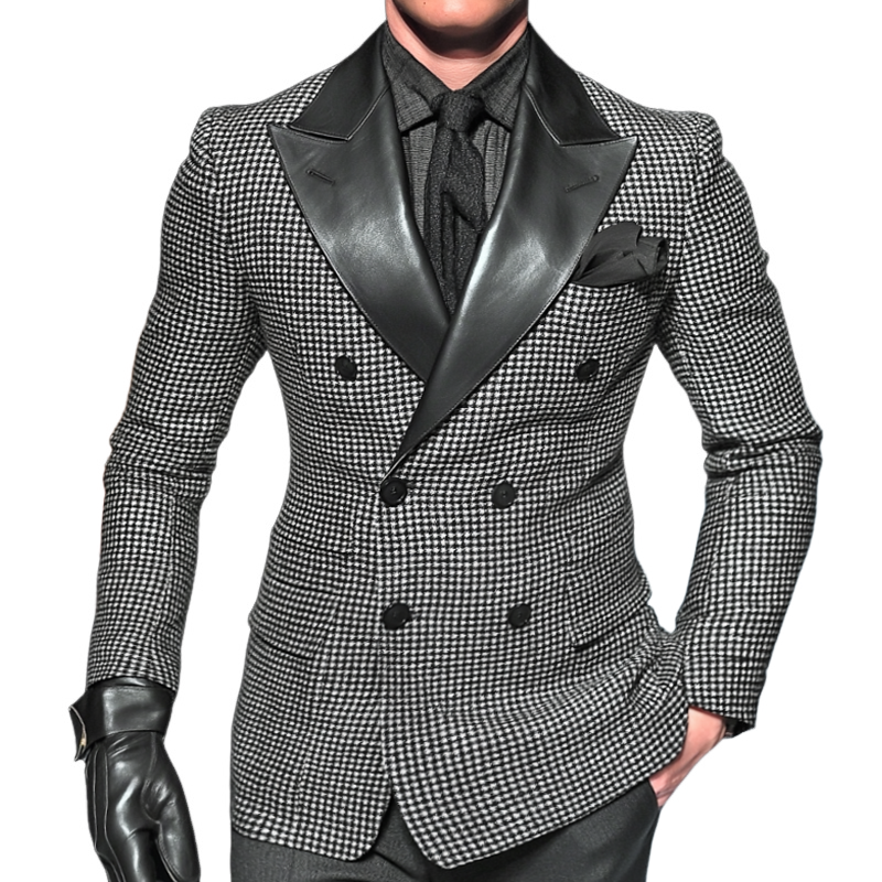 Men's Retro Casual PU Leather Houndstooth Double-Breasted Blazer MTA0368I1TO