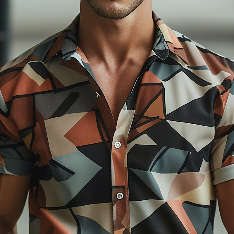 Men's Geometric Print Lapel Short Sleeve Shirt MTA2425G4Z