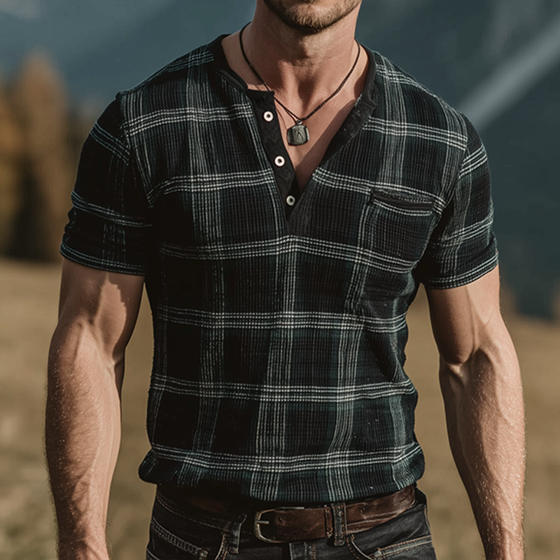 Men's Retro Casual Plaid Print Henley Short Sleeve T-Shirt MTA1061G8TO