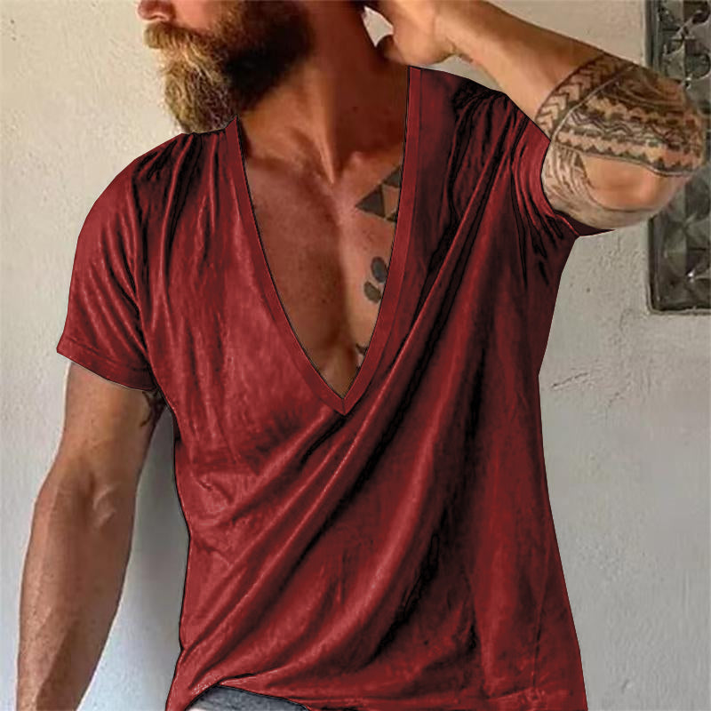 Men's Casual Solid Color V-Neck Short-Sleeved T-Shirt 19594146M ...