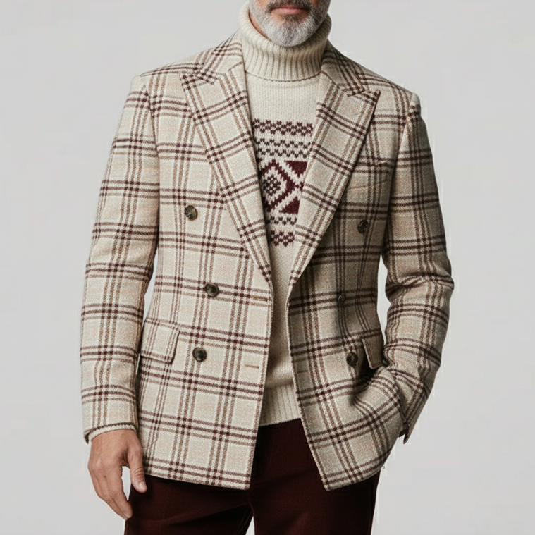 Men's Classic Casual Plaid Faux Wool Double-breasted Blazer  MTA1975I5K