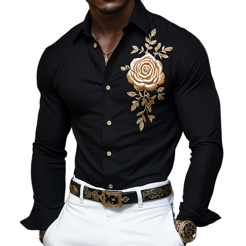 Men's Retro Casual Floral Embroidered Lapel Long-Sleeve Shirt  MTA2621L6TO