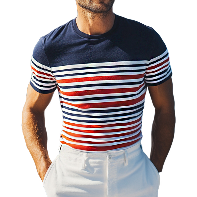 Men's Retro Casual Striped Printed Elastic Slim Round Neck Short Sleeve T-Shirt MTA0995E0TO